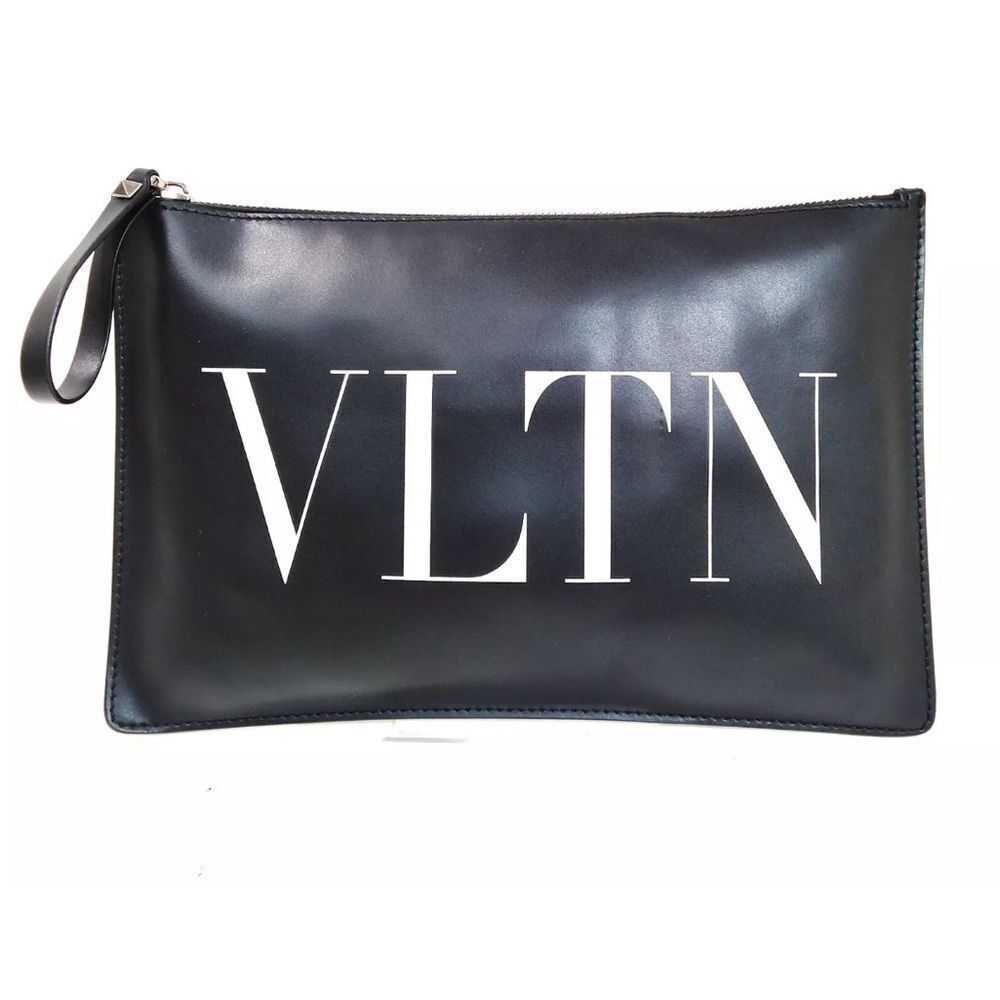 Auth Valentino VLTN Black Leather Monogram Pouch Clutch Preloved Purse Ex+